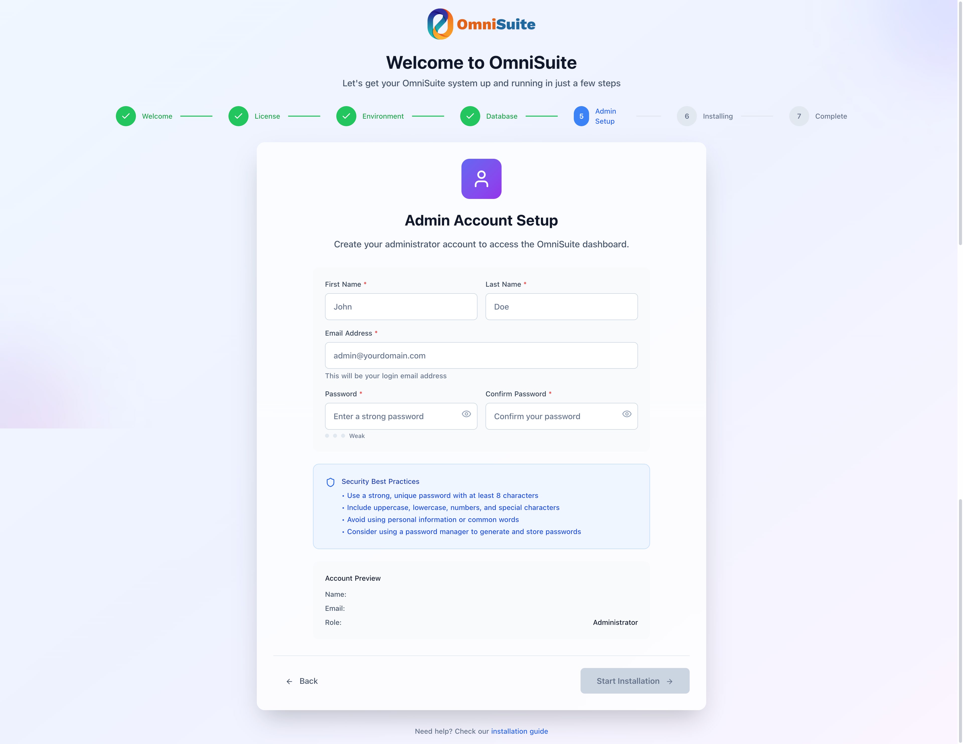 Admin Account Setup Screen