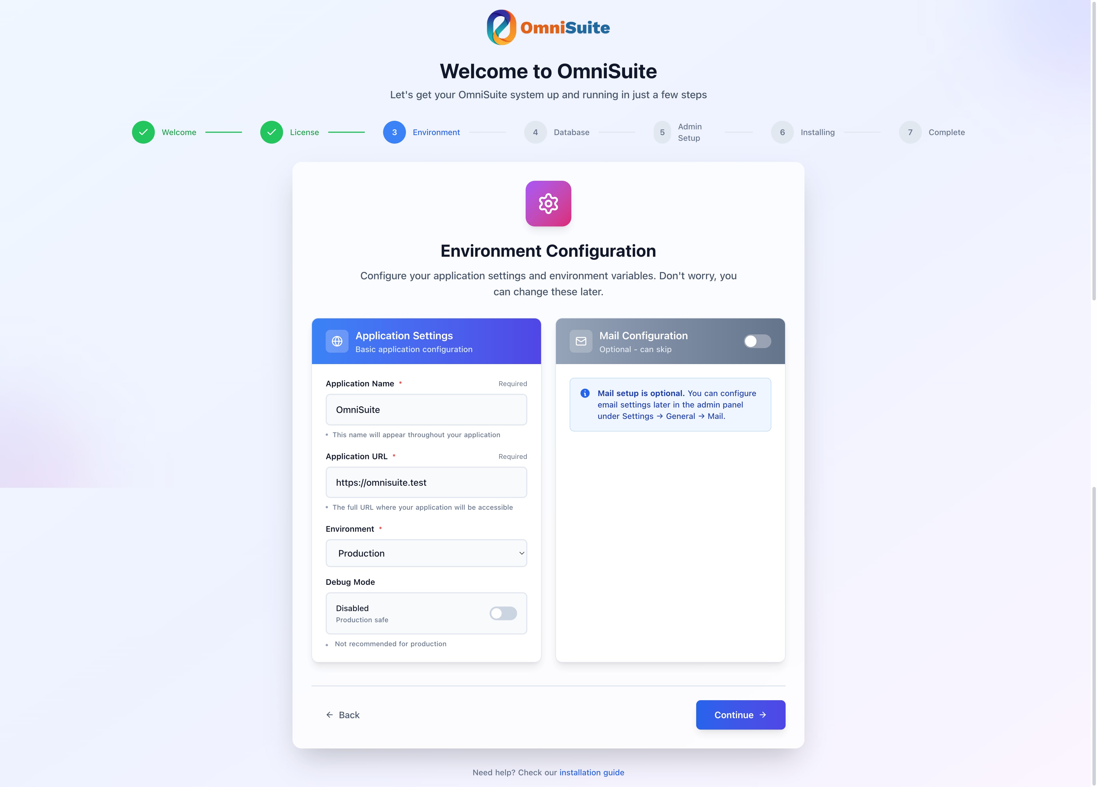 Environment Configuration Screen